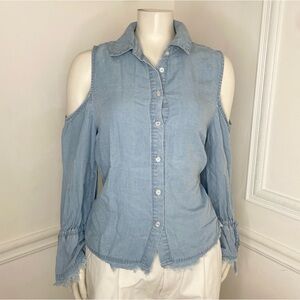 Light blue denim cold shoulder blouse with ruffled sleeves boho size XS